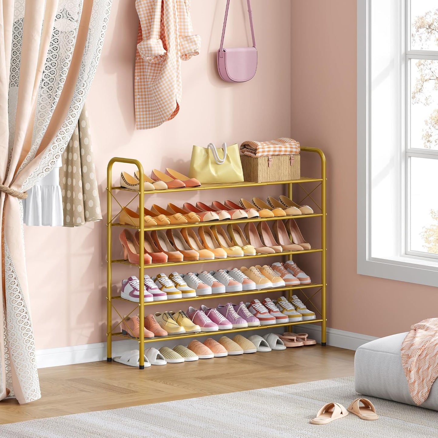 Hoctieon 5 Tier Shoe Rack for Closet, Durable Mesh Style Shoe Rack, Entryway Shoe Shelf, Shoe Storage Organizer for Hallway, Bedroom, Living Room, Wardrobe, Gold