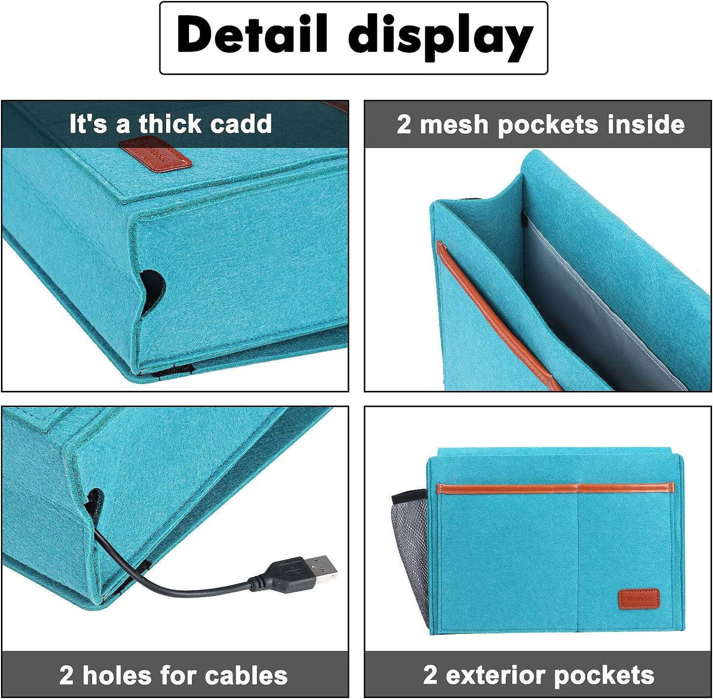 Bedside Caddy, Bed Storage Organizer for Remote Controller, Books, Magzine, Laptop Holder, 12.4'' x 8.6'' inch Bedside Hanging Felt Storage Bag for Dorm Bed with 5 Pockets, Celadon