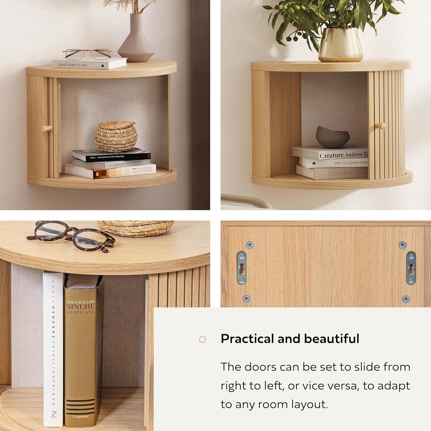 WERMO 16'' Floating Nightstand Shelf with a Sliding Door and Storage - Floating Bedside Shelf Wall Mount, Wall Mounted Wood Nightstand, Mid Century Modern Side Table (Oak)