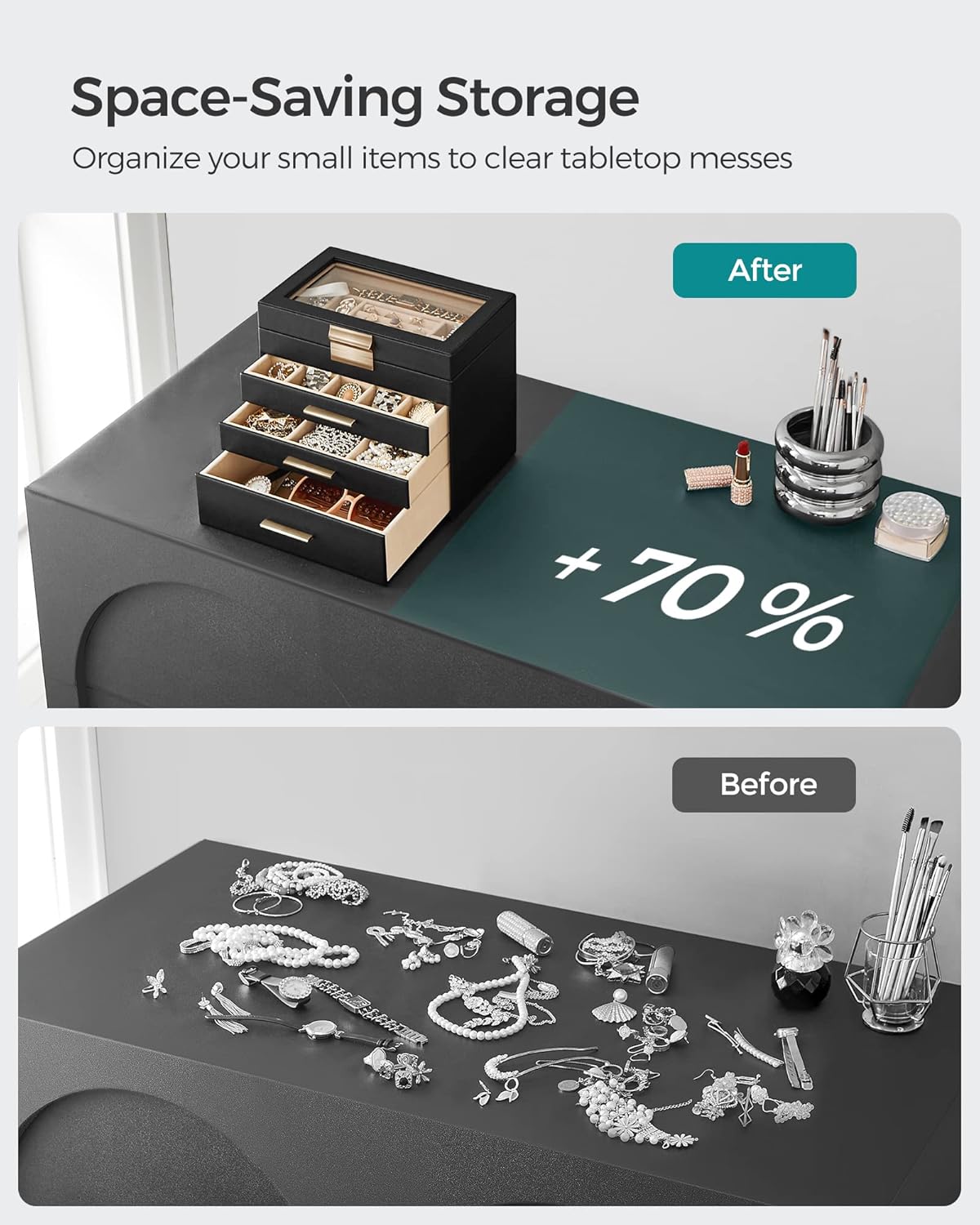 SONGMICS Jewelry Box Organizer with Glass Lid, 4-Layer Jewelry Storage, with 3 Drawers, Modern Style, Christmas Gift, 6 x 9.9 x 8.5 Inches, Graphite Black and Gold Color UJBC161B02