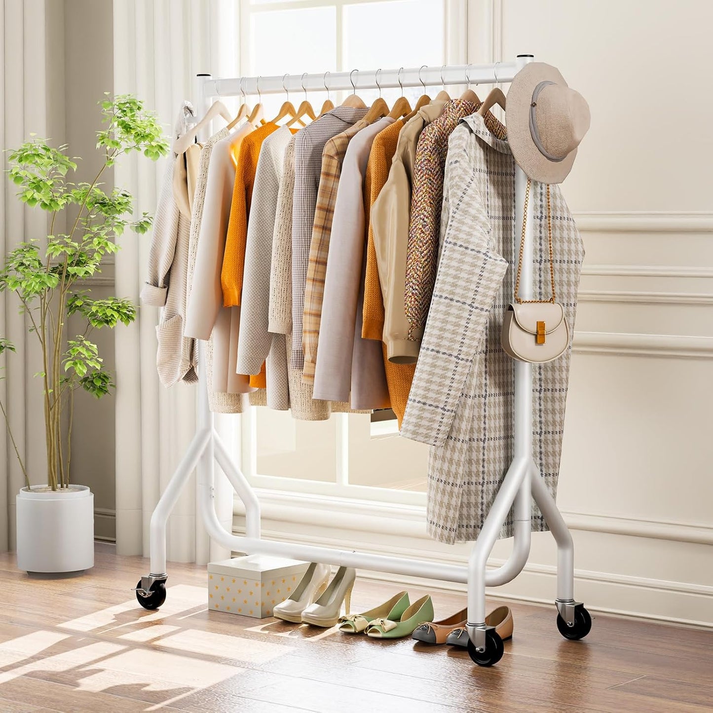 Clothes Clothing Rack, Rolling Heavy Duty Clothes Rack Load 420 LBS With Wheels, Metal Clothes Rack for Hanging Clothes, Portable Standing Clothes Garment Rack, White,48 inches