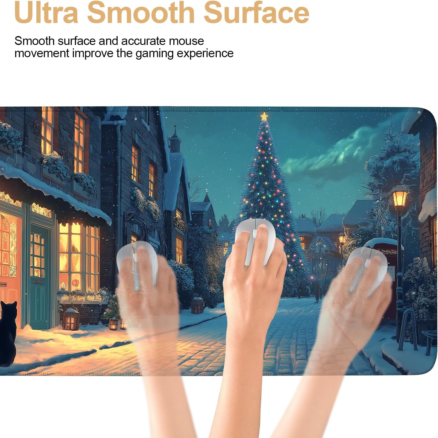 Large Extended Gaming Mouse Pad - Winter Christmas Night Scene, Soft Fabric Desk Mat with Non-Slip Rubber Base, Extra Long Mousepad for Gaming, Office, Keyboard & Mouse, 35.43 x 15.75 in