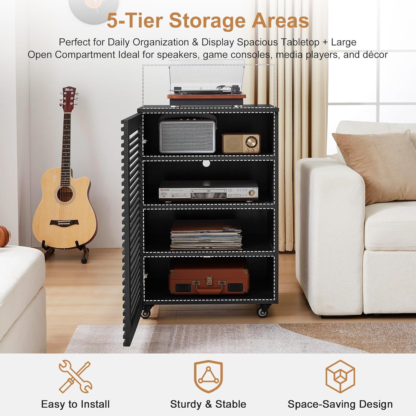 LEVNARY 5-Tier AV Media Cabinet with Grille Door, Modern Wooden Stereo Rack with Adjustable Shelves & Wheels, Audio Video Cabinet for Living Gaming Room Recording Studio (Black)