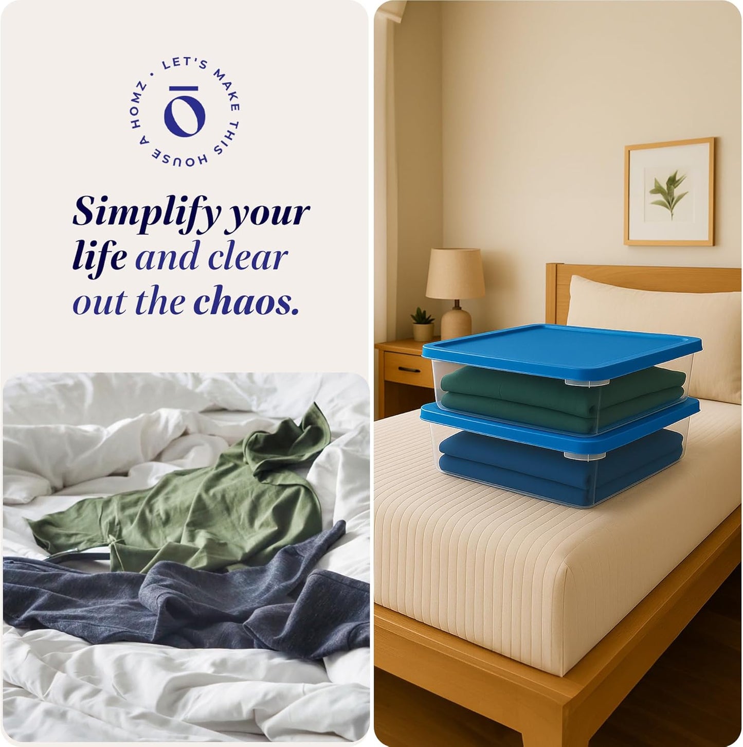 HOMZ 2-Pack Snaplock, Small Clear Plastic Storage Organizer Bins with Lids, 28 Quart, Blue - Stackable Container Boxes for Bedroom, Bathroom, Garage, and Office Organization