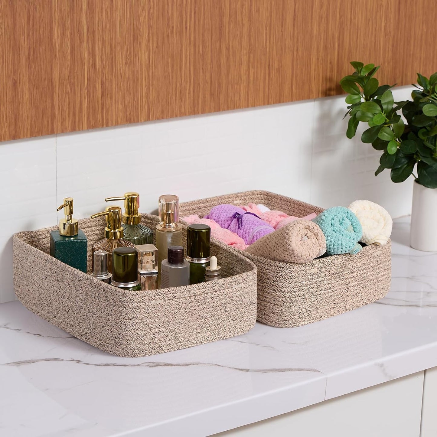 Large Shallow Organizing Baskets 15x11x5.1 Inches - Rope Woven Storage Bins for Bathroom, Shelves, Cube Closet, Mixed Brown 4 Packs
