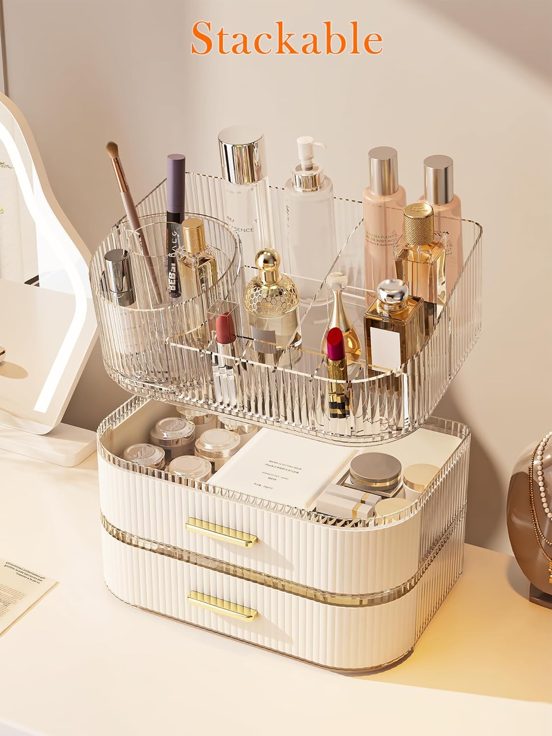 Makeup Organizer with Stackable Drawer, 360 Rotating Makeup Brush Holder, 11-inch Large Cosmetic Display Case, Skincare Organizers and Storage for Vanity, Bathroom Countertop (1 Tray + 2 Drawer)