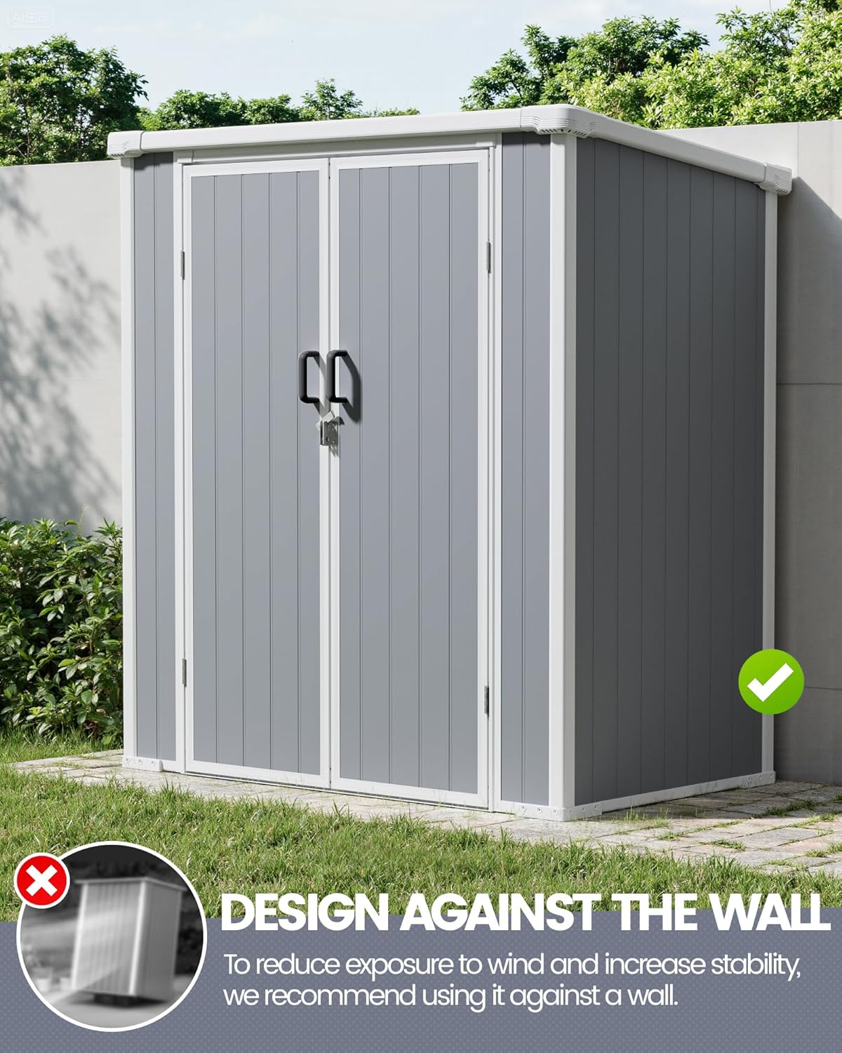 5x3 ft Outdoor Storage Shed with Floor, All-Weather Resin Tool Shed with 2 Shelves, Heavy-Duty Garden Shed for Yard, Bicycle, and Lawn Equipment, Easy Assembly, Aritic Light Gray