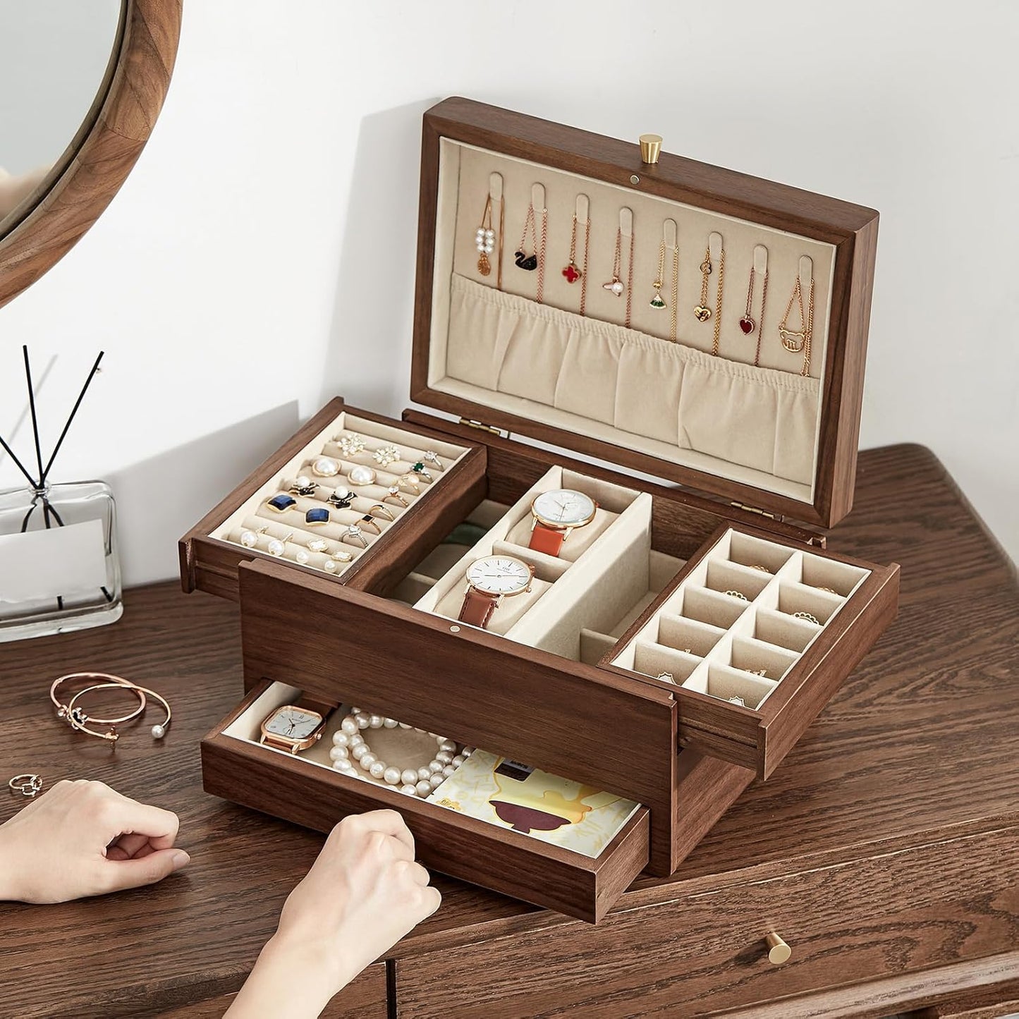 Wooden Jewelry Box for Women, 3 Level Multi-functional Drawers Black Walnut Jewelry Organizer Box, Watch, Necklace, Ring, Earring Storage - Gifts (No Mirror)