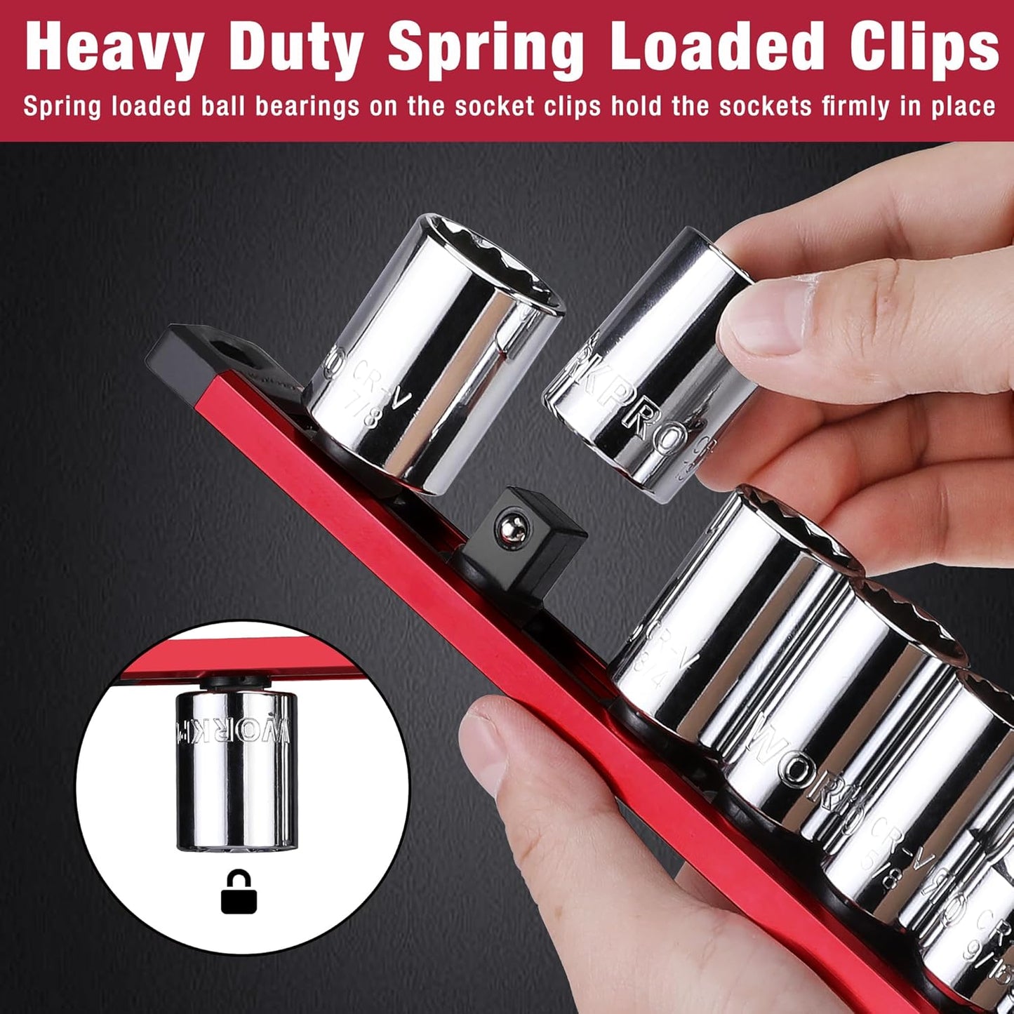 WORKPRO Magnetic Socket Organizer, 1/2-Inch Drive Aluminum Alloy Sockets Rail, Heavy Duty Sockets Holder, Socket Rack Kit 1/2-Inch x 10 Clips (Red)