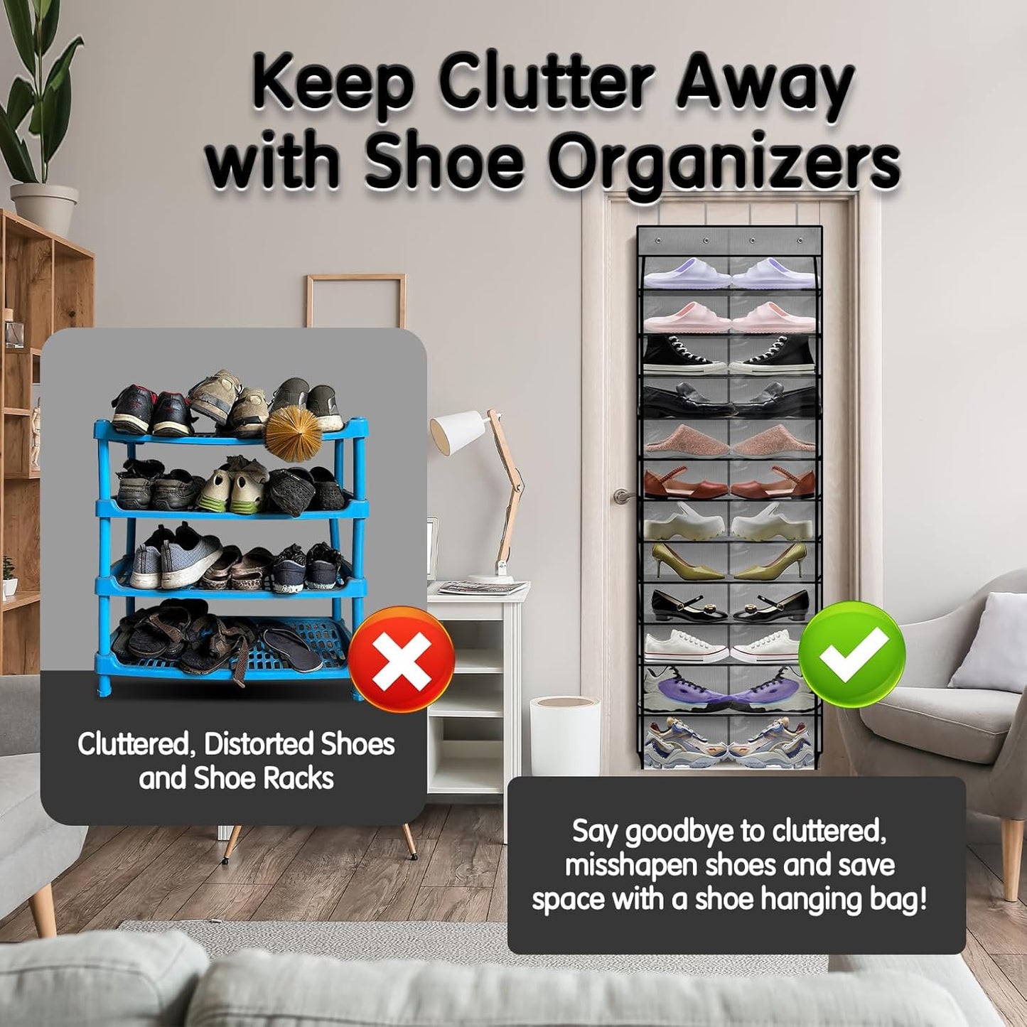 Over The Door Shoe Organizer with 12 Large Breathable Pockets - Sturdy Hanging Storage for Shoes of All Ages - Gray