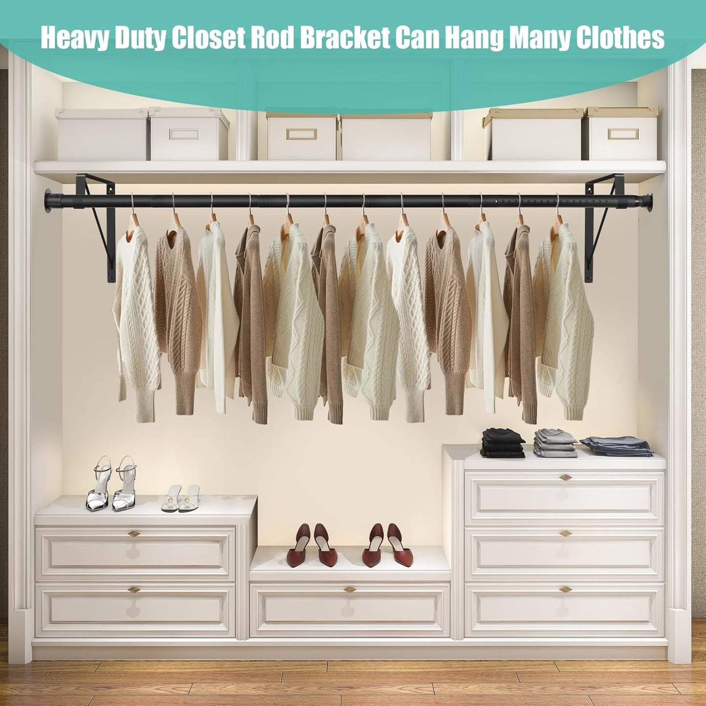 1.3 Inches Closet Rod, 17 to 87 Inch Clothes Rods Heavy Duty Closet Pole for Hanging Clothes and Clothes Poles Bracket Closet Rod Support (The Shelf NOT Included) (Black)