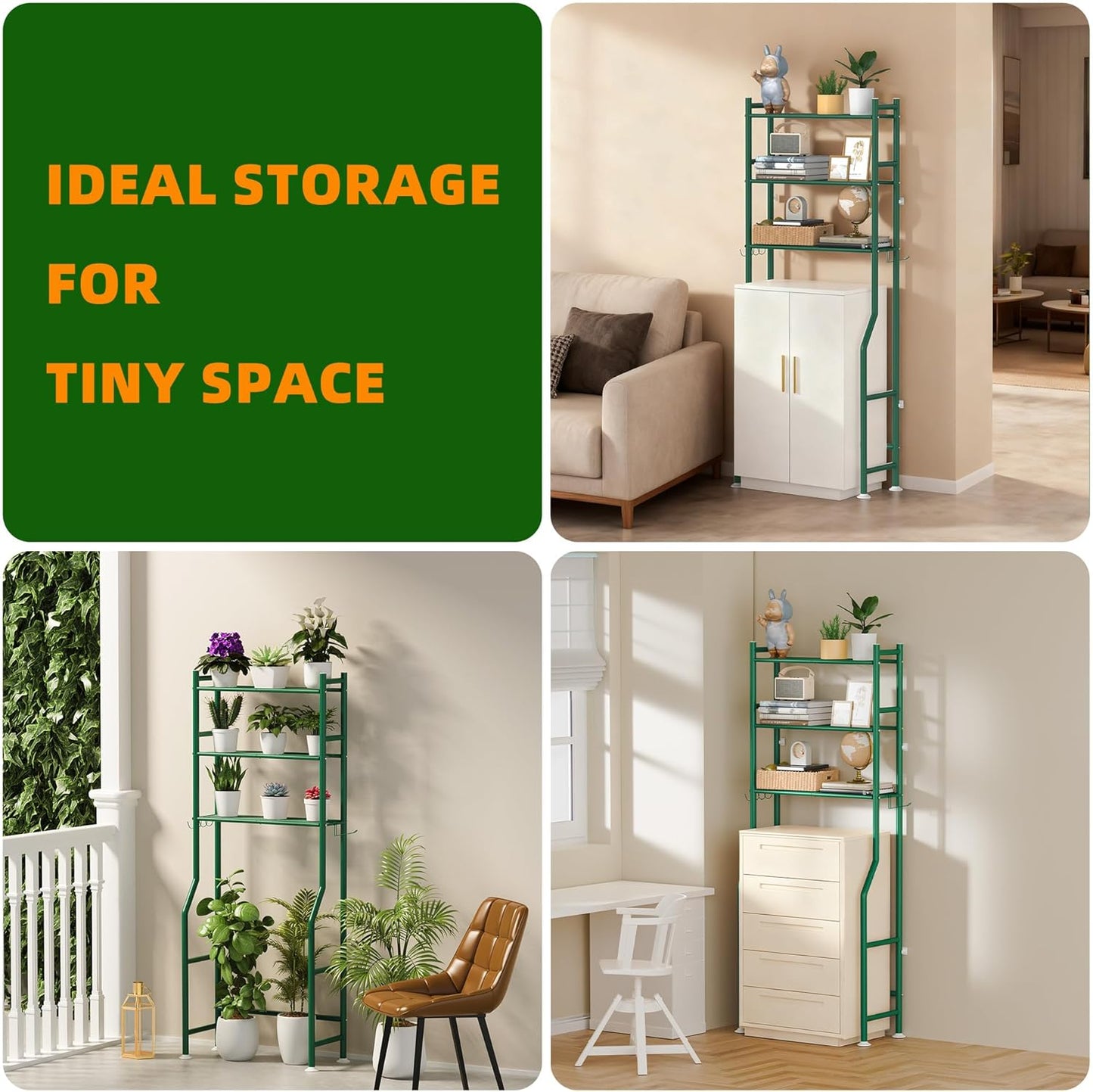 3-Tier Over The Toilet Storage, Space Saver Metal Bathroom Shelves, Freestanding Above Over Toilet Storage Shelf with 4 Hooks for Bathroom, Green