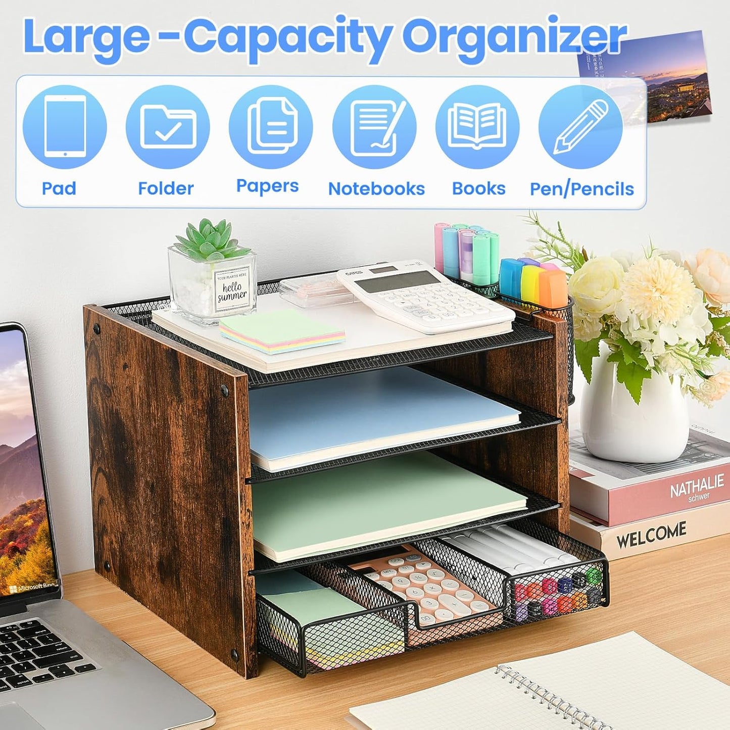 OPNCIE Desk Organizer and Accessories, 4-Tier Paper Letter Tray File Organizer with Drawer & 2 Pen Holder, Office Desk Accessories Workspace Desktop Organizer for Office Supplies(Brown)
