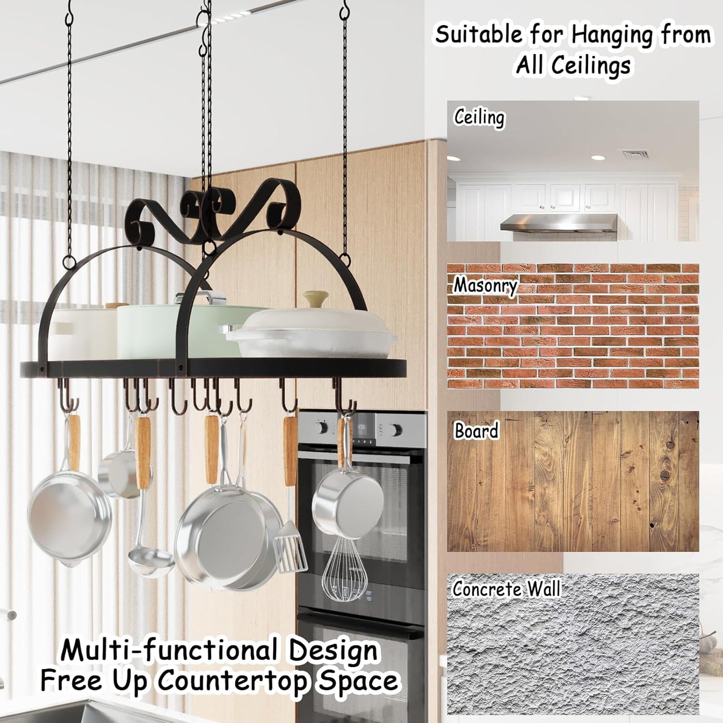 Hanging Pot Rack Ceiling Mount, 33" Metal Ceiling Pan Hanging Rack with 15 S Hooks, Oval Pot and Pan Storage Rack, Decorative Vintage Brown Pot Hangers for Kitchen Organize Utensils Cookware