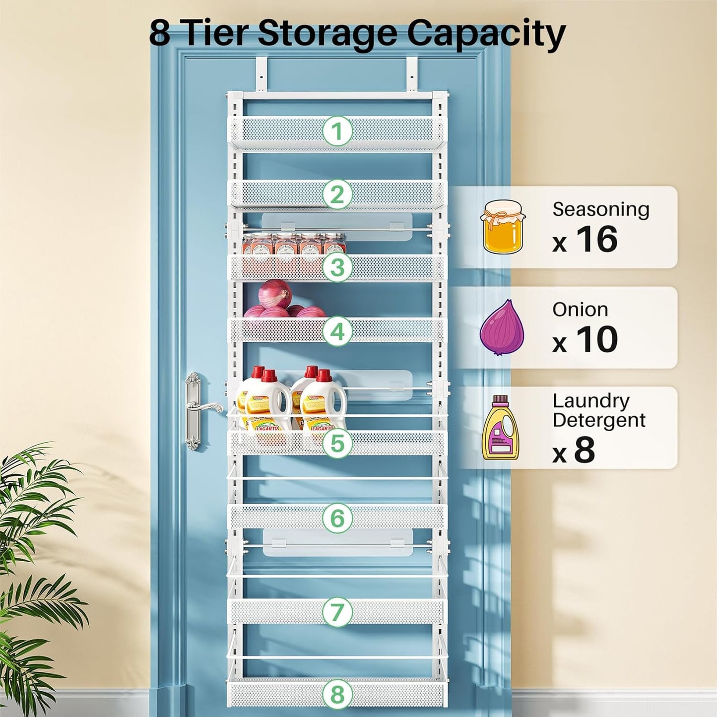 SNTD Over the Door Pantry Organizer - 8 Tier Adjustable Pantry Door Spice Organizer, Large Capacity Hanging Door Spice Rack for Kitchen Pantry Organizers and Storage (White, 17" W x 6" D x 69" H)