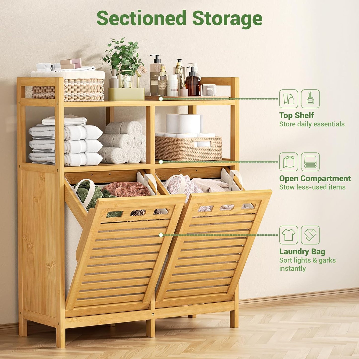 Homykic Tilt Out Laundry Hamper Cabinet, Bamboo Double Laundry Hamper with 2 Removable Laundry Baskets, 20 Gal Laundry Sorter Organizer with Shelf for Dirty Clothes, Bathroom, Laundry Room, Natural