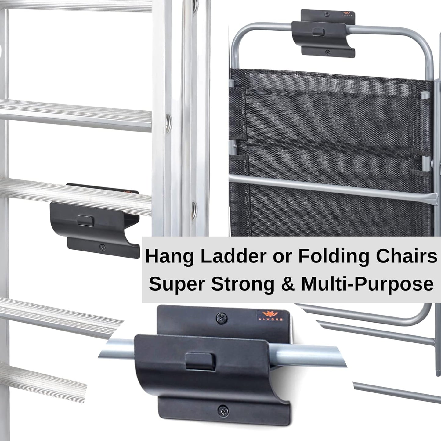Ladder Hanger set of 4 For Garage Wall - Black Heavy Duty Utility Hook For Wall Mount Ladder Storage. Versatile Tool Holder To Maximize Space In Garden, Shed, Workshop, Hang Wheelbarrow, Folding Chair