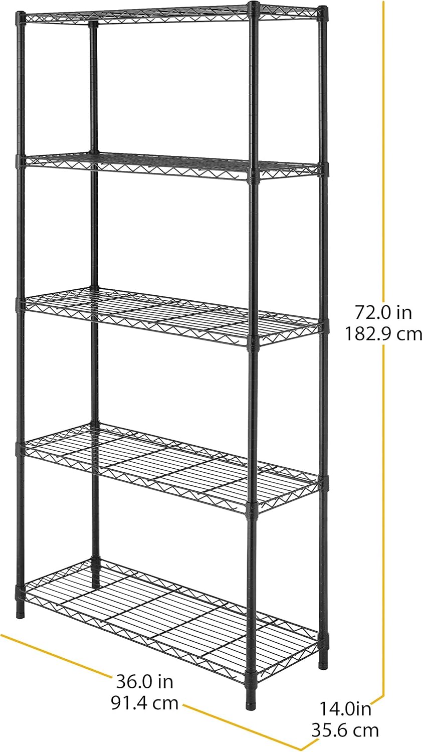 Whitmor 5 Tier Shelving Unit, Metal Storage Shelves, 400 lbs Capacity per Shelf, 2000 lbs Total, Adjustable Heavy Duty Shelf, Easy Assembly for Kitchen, Garage, Plant, 36" L x 14" W x 72" H, Black