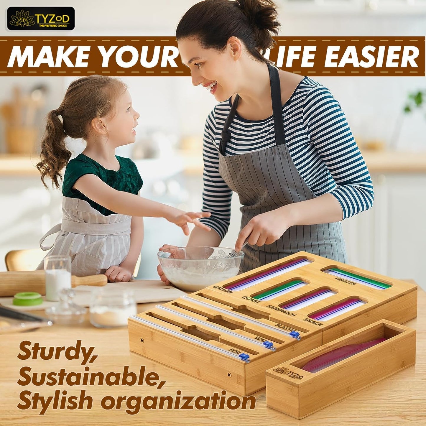 9-in-1 Bamboo Storage Bag Organizer with Cutter, Kitchen Drawer & Wall Mount Storage for Foil, Plastic Wrap, Gallon, Quart, Sandwich, Snack & Freezer Bags, Fits Rolls ≤12” Long, ≤2” Diameter