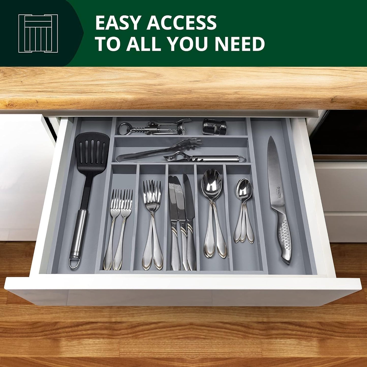 ROYAL CRAFT WOOD Luxury Bamboo Kitchen Drawer Organizer - Silverware Organizer - Utensil Holder and Cutlery Tray with Grooved Drawer Dividers for Flatware and Kitchen Utensils (9 Slot, Gray)