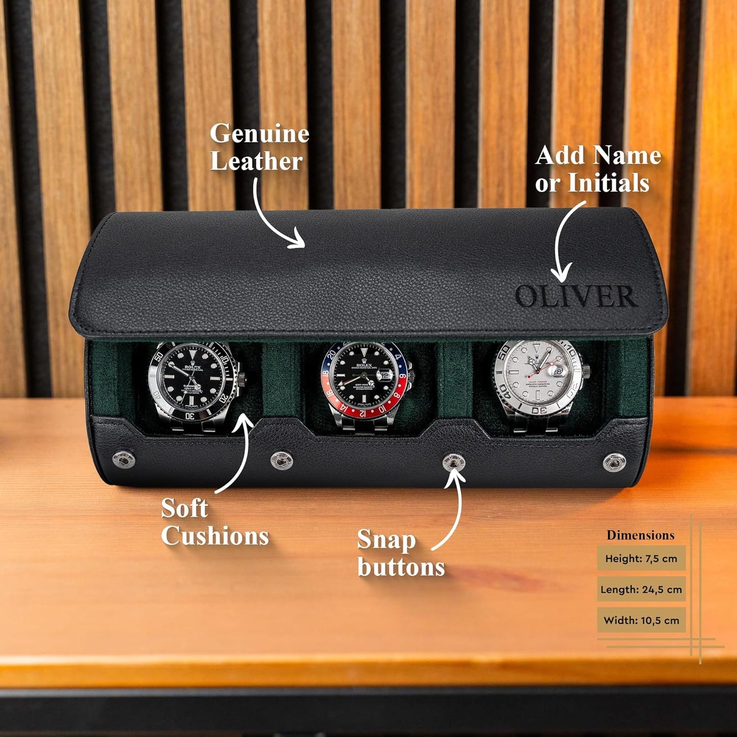 DailyWatch | Personalized Watch Roll Travel Case For 3 Watches - Handmade Genuine Leather Travel Case With Custom Engraving of Name or Initials - Black Green