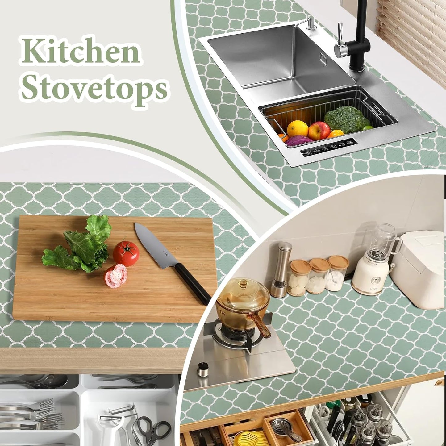 Shelf Liners for Kitchen Cabinets Non Adhesive Drawer Liner 12in x 30FT Light Green Quatrefoil Thickened Shelf Liner Strong Non-Slip Easy to Clean for Tool Box Refrigerator with Knife and Tape Measure