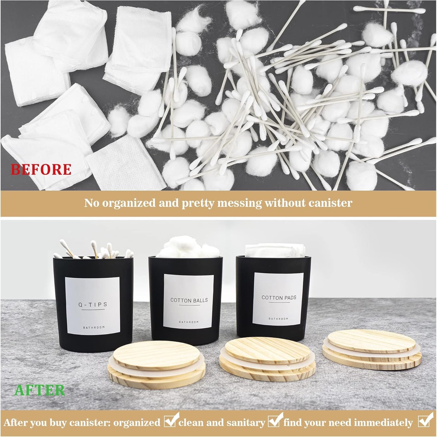 3PCS Modern 13.53oz Black Bathroom Canisters with 12 Labels & Wooden Lid Thick Glass Jar Set Qtip Holder for Cotton Ball & Pads Storage Organization Minimalist Decor