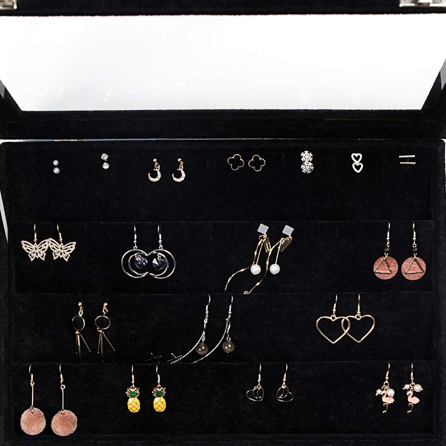Frebeauty Earring Organizer Tray with Clear Lid 64 Slots Velvet Drawer Insert Earring Storage box with Transparent Glass lid Jewelry Display Case with lock Gifts for Women (Black, Earrings)