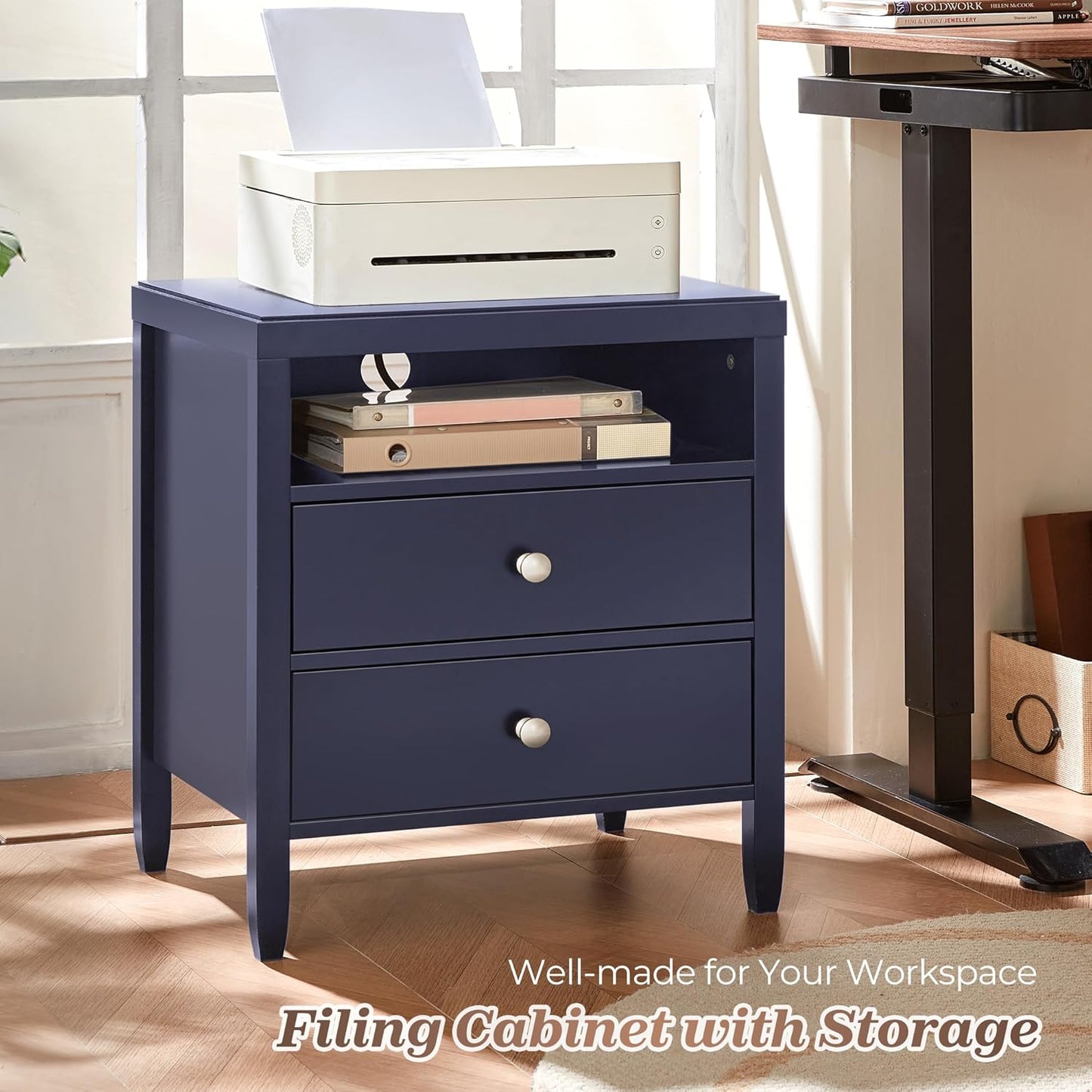 Huuger Blue Nightstand Set of 2, Night Stand with Charger Station, Bedside Table with 2 Drawers, Bed Side Tables for Bedroom, Modern Nightstands, Metal Knobs, Painted Surface