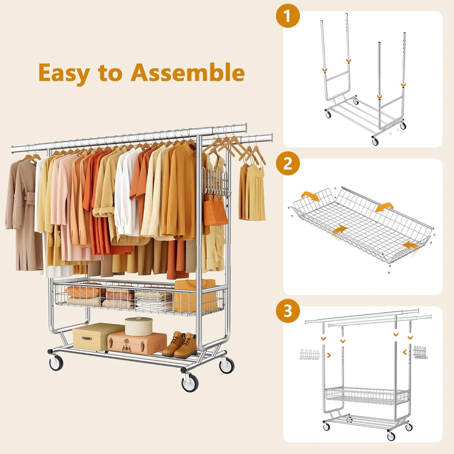 Heavy Duty Clothes Rack with Metal Basket, 720 LBS Rolling Double Rod Garment Rack, Portable Extendable Clothing Rack with Wheel for Bedroom, Laundry Room & Retail Store