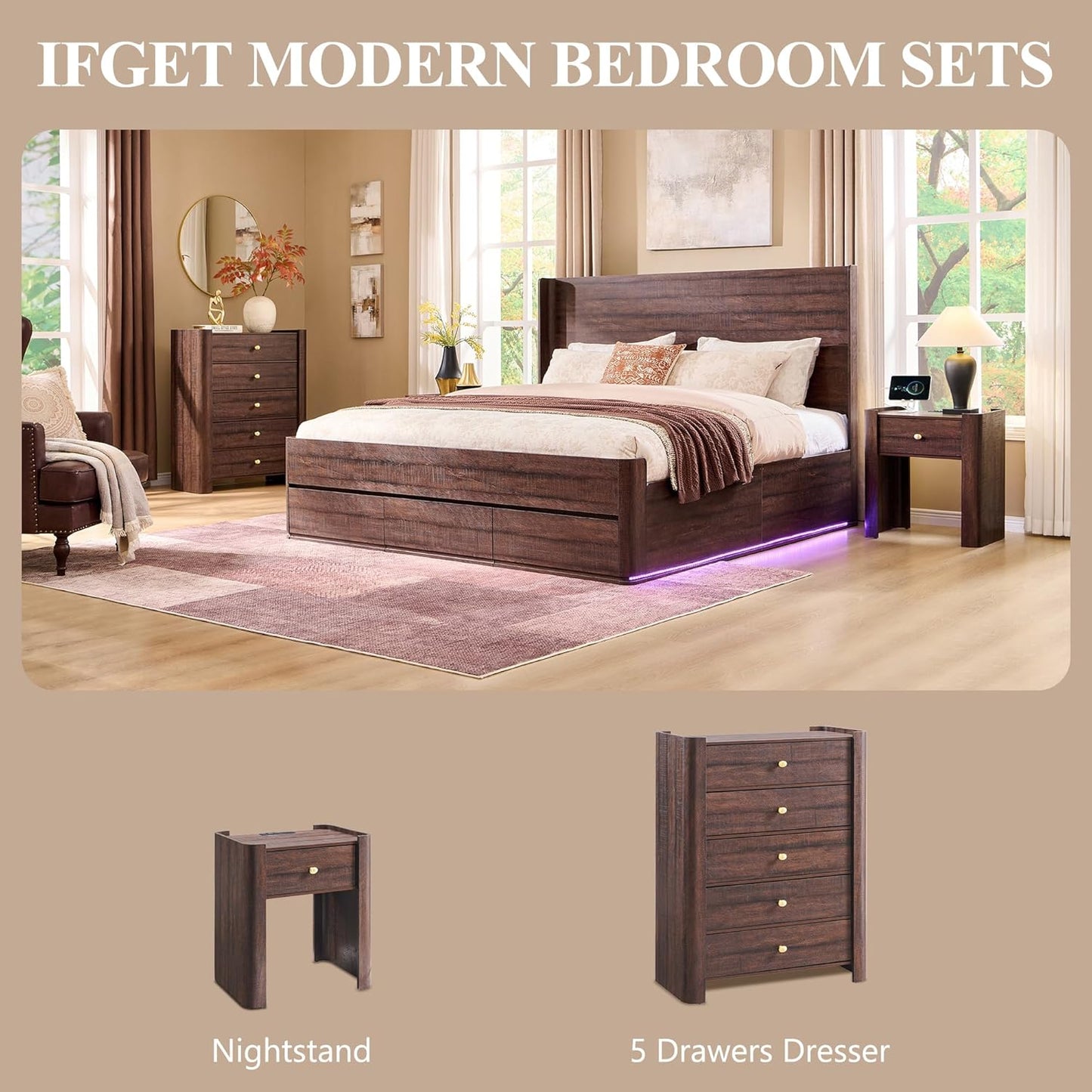 23.6" Tall Modern Nightstand Set of 2, 22" Wide Curved Bedside Table with Charging Station, Wooden Night Stand with 1 Storage Drawer, Large End Table for Bedroom, Living Room, Brown