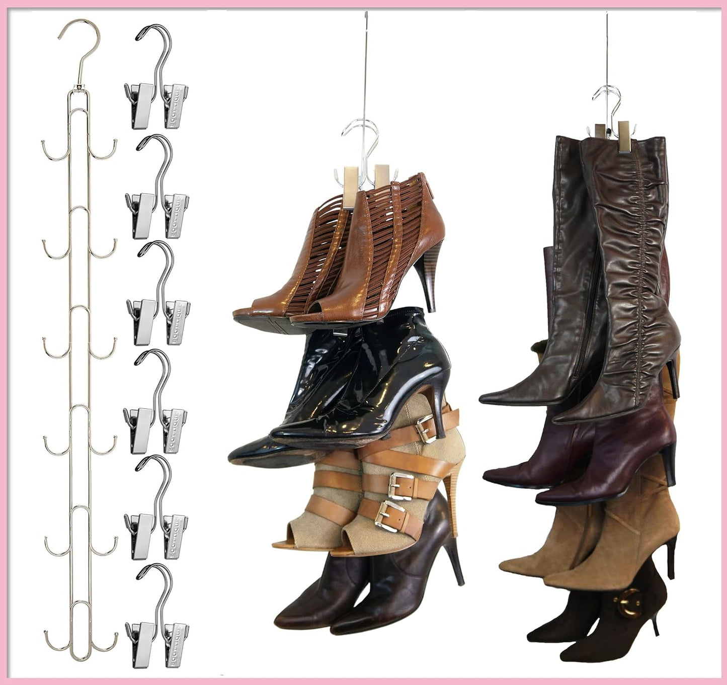 Boottique Boot Organizer: The Rack That Hangs, Holds, Shapes, & Protects Every Size and Style (Boot Stax Vertical Storage System With 6 Silver Hangers)