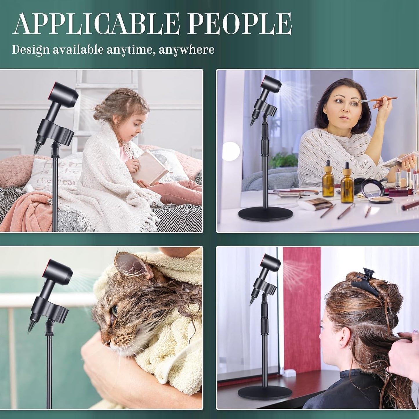Hair Dryer Holder Hands Free 59in/150cm Height Adjustable Blower Stand with Upgraded Larger Clamp, 180 Degrees Rotatable Heavy Duty Blow Dryer Floor Stand Countertop Holder