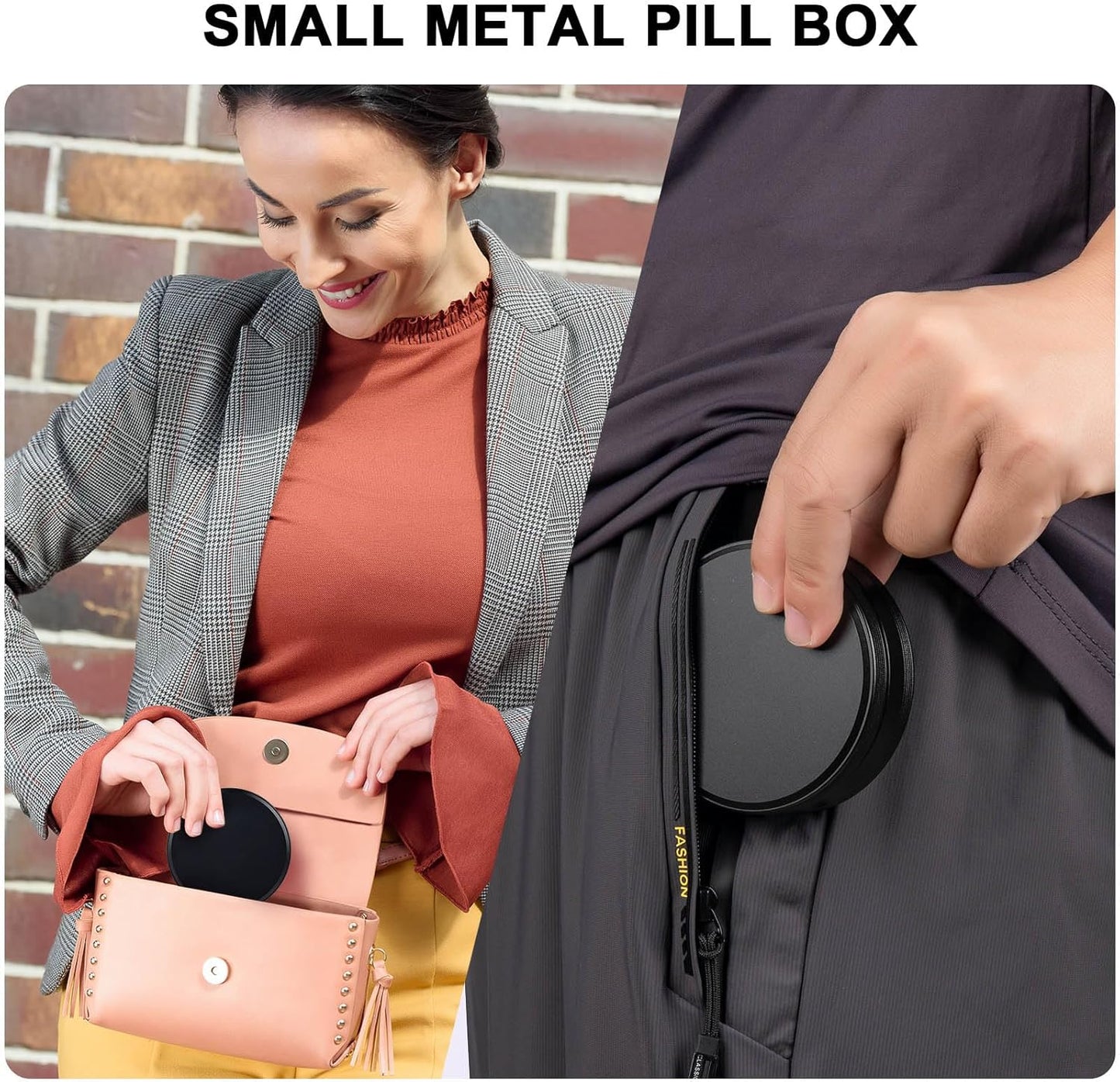Daily Pill Organizer 4 Compartments - Metal Small Pill Case Waterproof, Travel Pill Box for Purse, Compact Medicine Container Pill Dispensers Holder for Vitamin, Fish Oil, Supplement (Black)