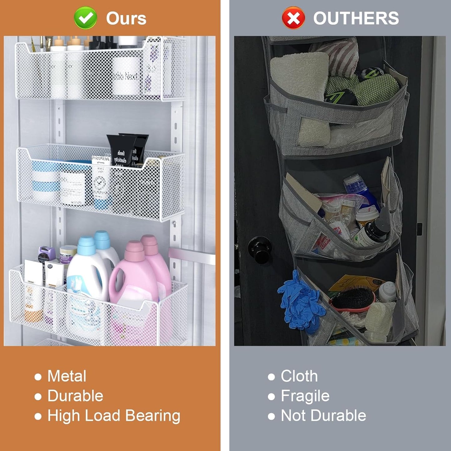 Over The Door Organizer, Metal Door Organizer Hanging with 5 Adjustable Baskets and Coat Hook, Behind The Door Storage for Bedroom Closet Bathroom Pantry Cabinet Kitchen, White