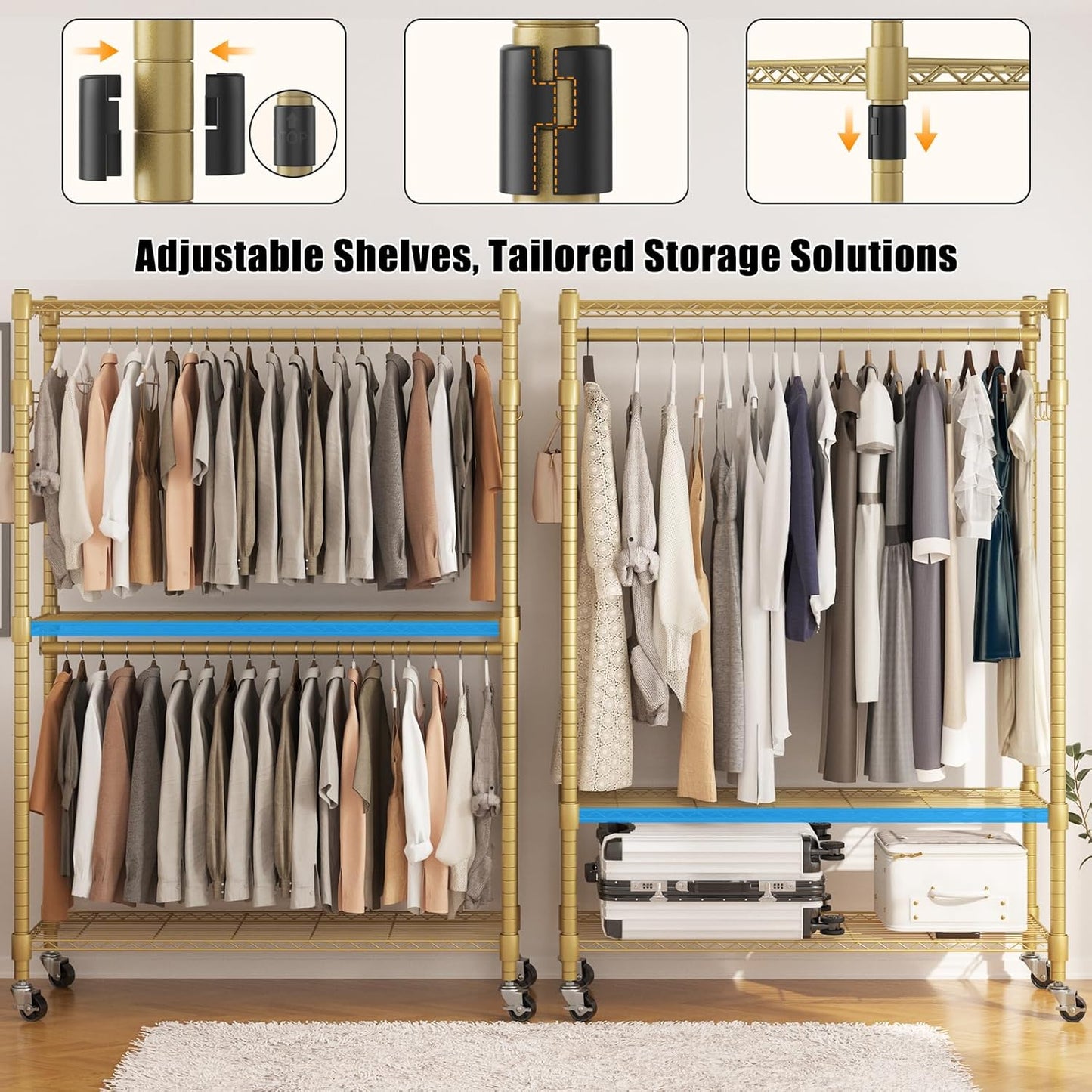 BATHWA Heavy Duty Garment Rack on Wheels, Rolling Clothes Racks for hanging clothes, Modern Closet Wardrobe Clothing Rack with 8 Side Hangers, Gold