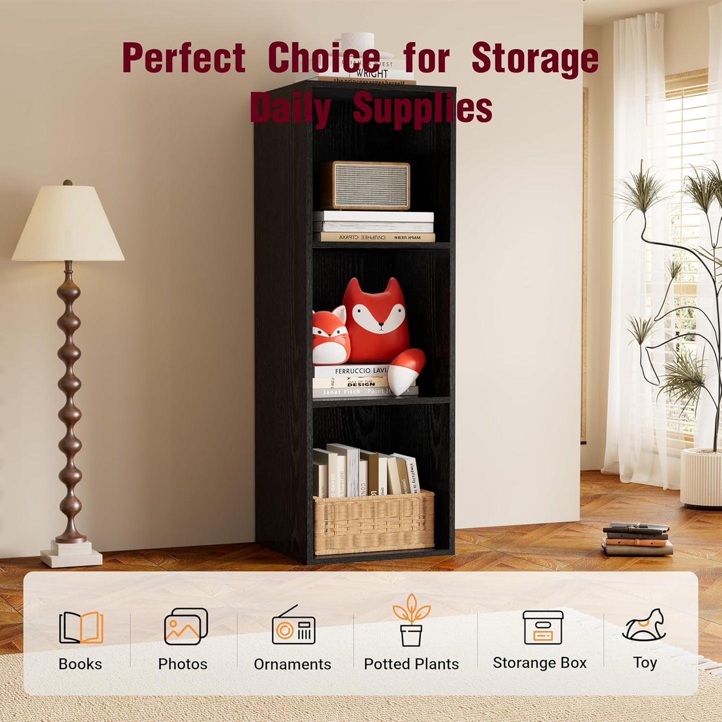 Book Shelf, Wooden Cube Storage Organizer with 11" Open Cubes, Stackable Modular Bookcase for Room Divider Storage, 3 Tier Bookshelf for Living Room, Bedroom, Office (Black, 3-Cube)