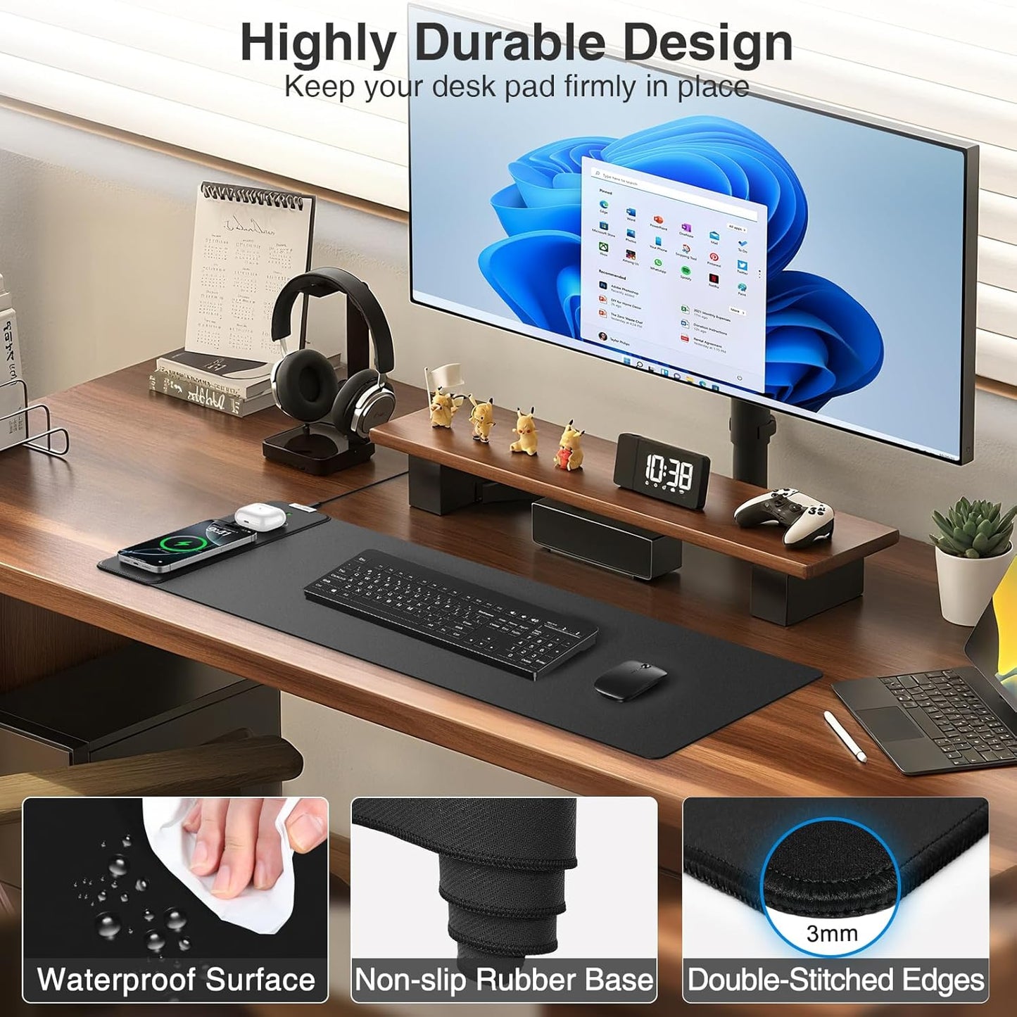 Magnetic Wireless Charging Mouse Pad, 27.5"x11.8" Gaming Desk Mat with Superior Stitched Edges, Non-Slip Base, Waterproof Smooth Desk Writing Pad for Gamer, Office & Home, Black
