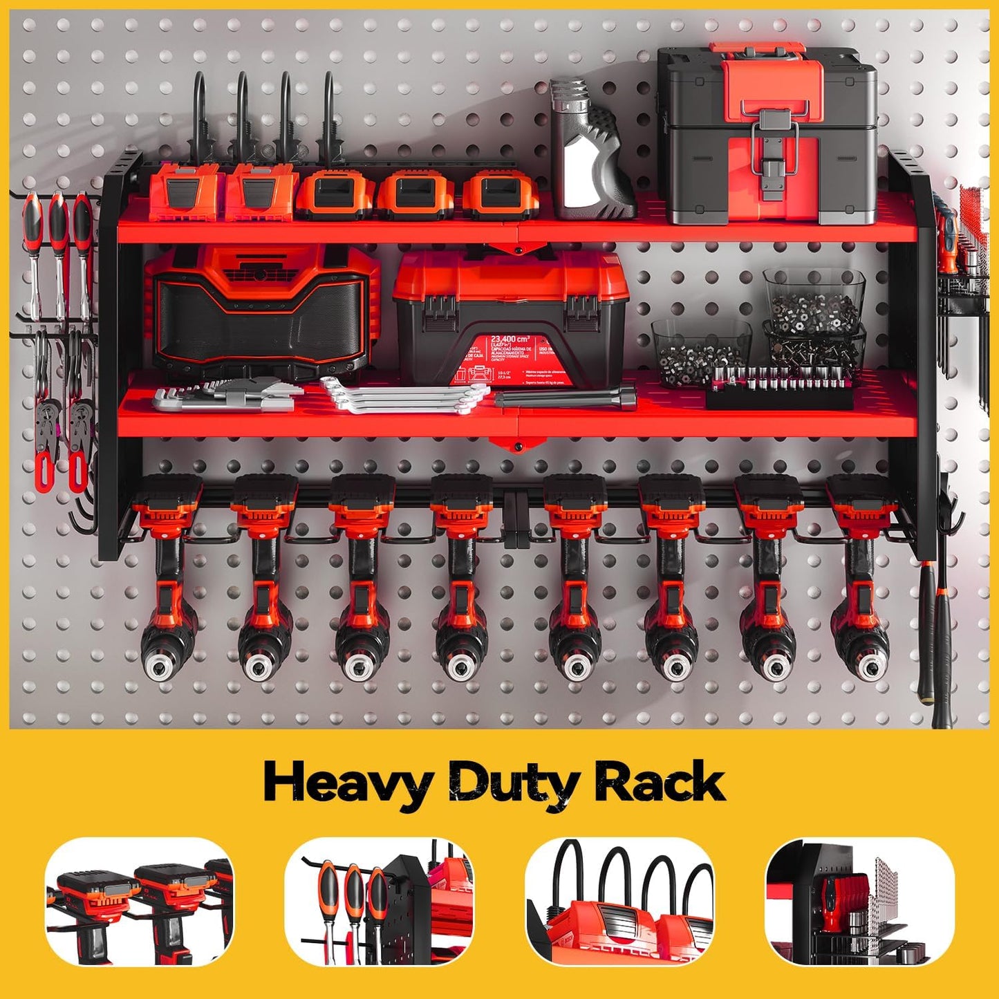 SOYEEZE Large Power Tool Organizer Wall Mount with Charging Station, 3 Layer Heavy Duty Metal Tool Storage Rack with 8 Drill Holder, Tool Holder Built in 8 Outlet Power Strip-Red