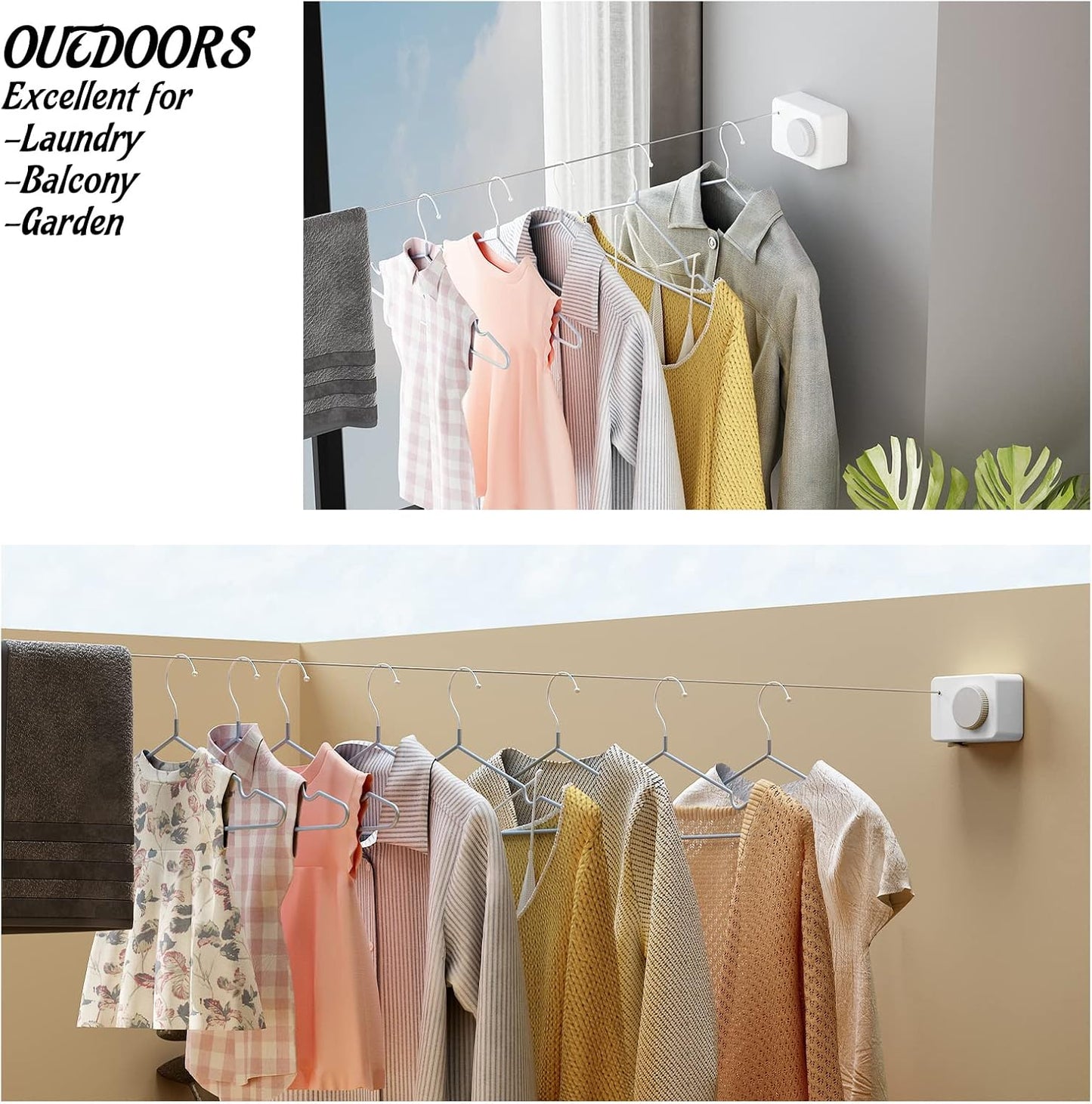 Retractable Clothesline Indoor, Non-Sagging Clothes Line Retracting Outdoors, Wall Mounted Clothes Line Outdoors Set,13.8 Ft Heavy-Duty Retractable Laundry Line,White