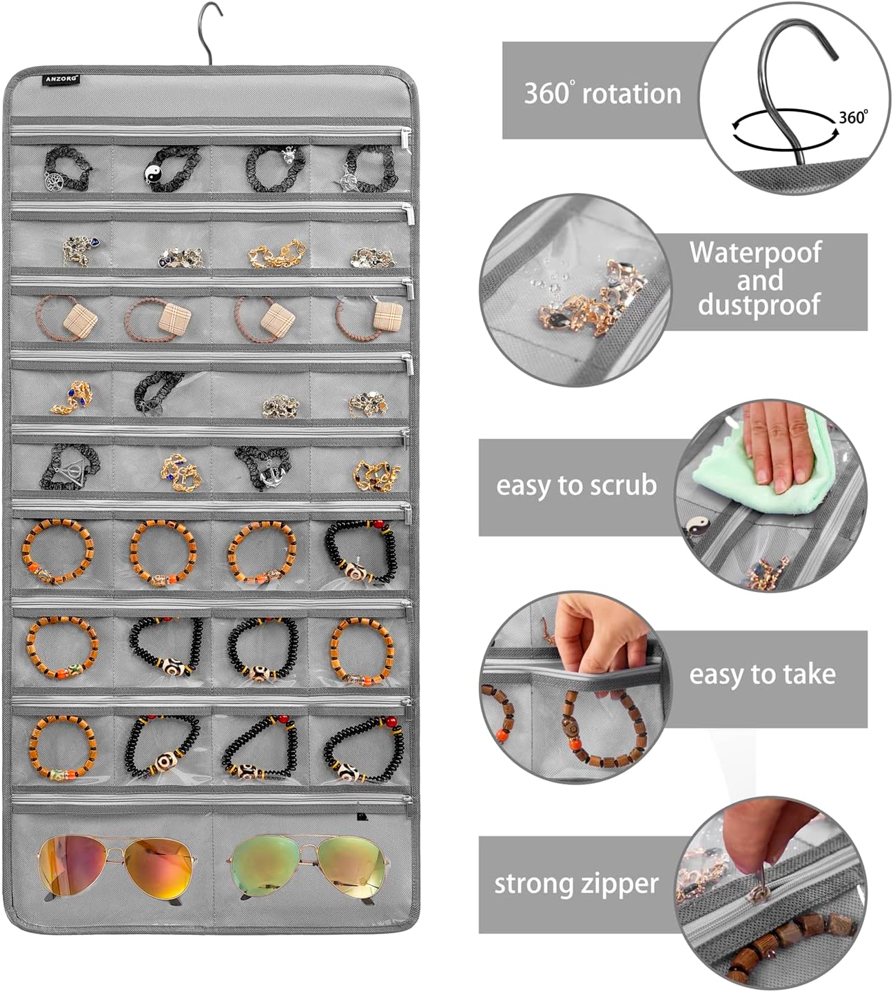 Dual-sided Hanging Jewelry Organizer Necklace Holder Jewelries Storage with 34 Zippered Pockets and 14 Dustproof Hook Loops (GREY)