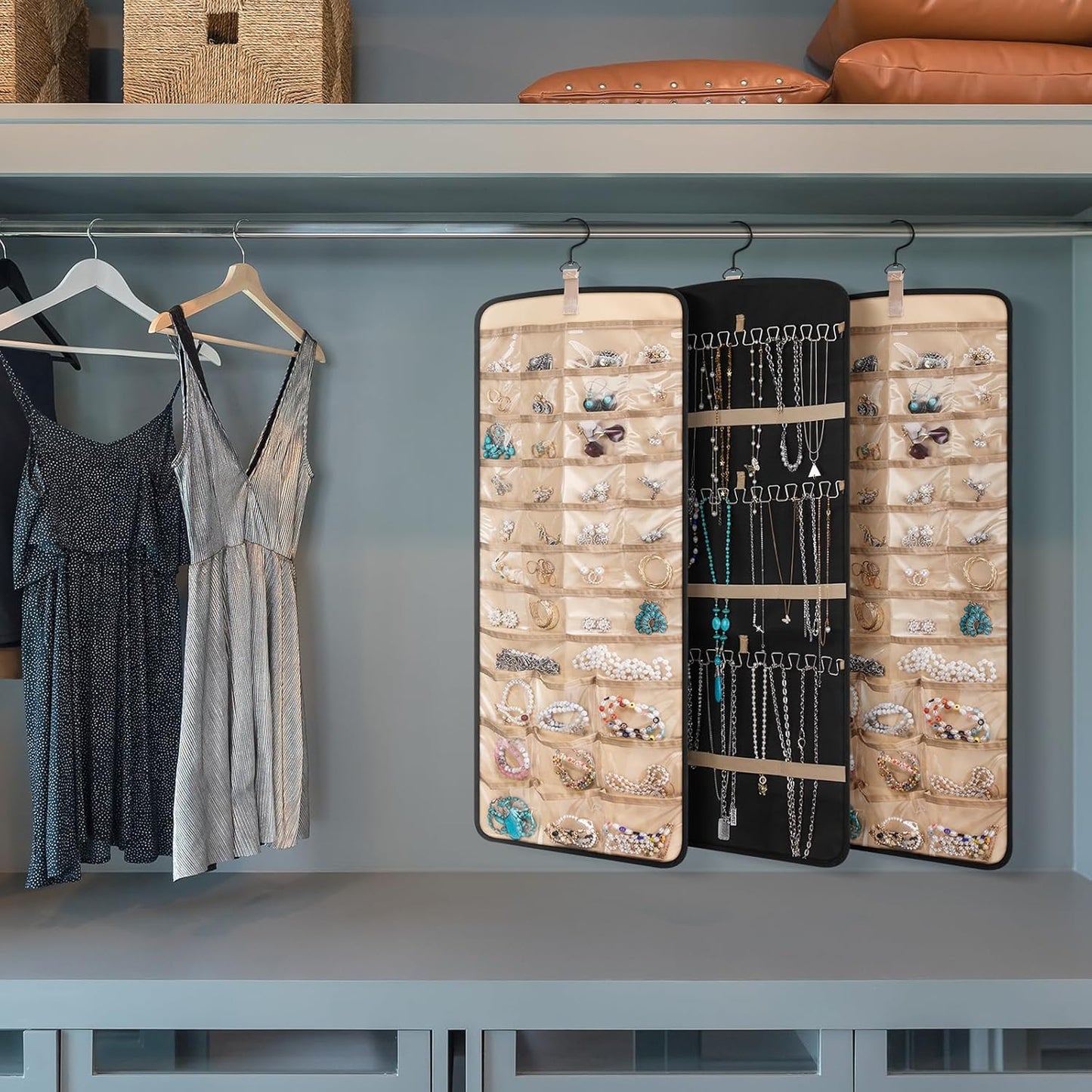 3 Pack Hanging Jewelry Organizer Storage with 39 Pockets, 30 Necklace Hooks Double Sided Wall Mount Earring Holder Organizer Bracelet Necklace Jewelry Display Hanger for Closet Door (Black)