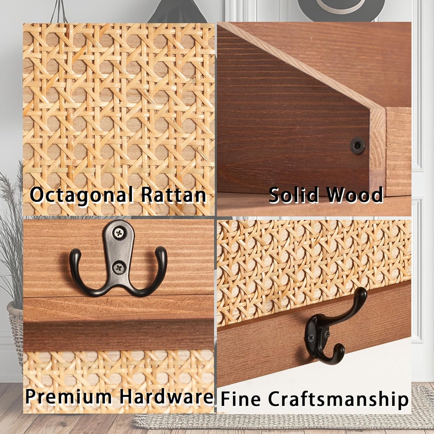 Coat Rack Wall Mount with Hooks & Shelf - Wooden Entryway Organizer for Hanging Coats, Keys, Hangers - Space Saving Durable Wood Holder for Hallway, Bedroom, Office-The Rattan Model