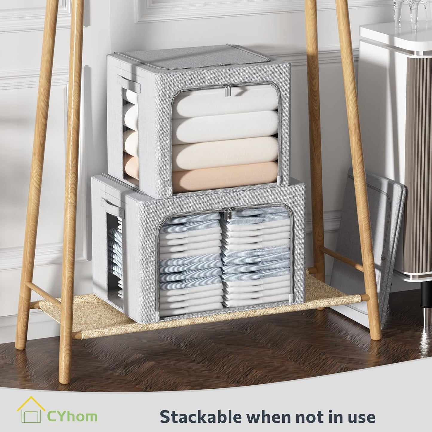 CYhom 2Pack Extra Large Clothes Storage Bins Box - Linen Fabric Foldable Stackable Container Organizer Set with Clear Window & Carry Handles & Metal Frame (Light Grey, Extra Large-100L)