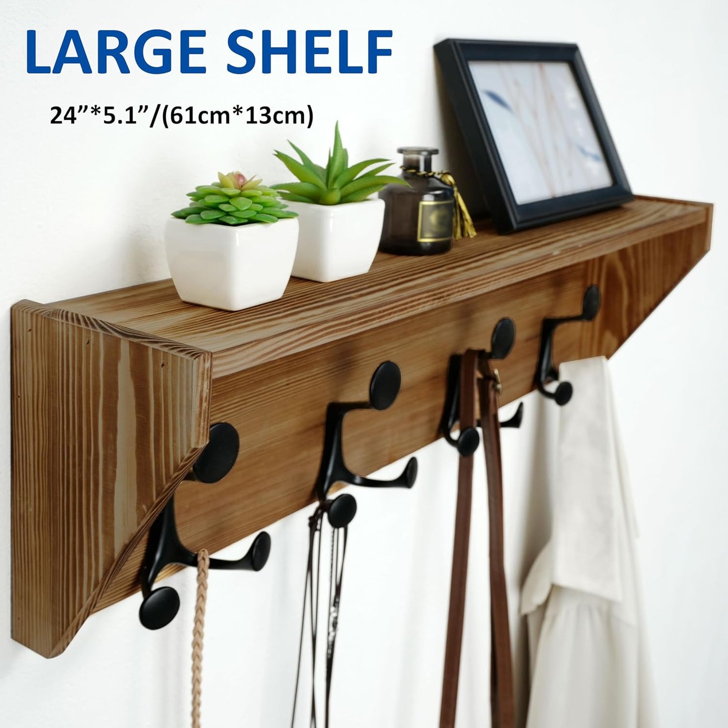 WEBI Wall Shelf with Hooks Underneath,24” Long Wall Mounted Coat Rack with Shelf,Entryway Coat Rack with 4 Triple Hooks for Hanging Coats,Jacket,Hallway,Bedroom,Mudroom,Brown