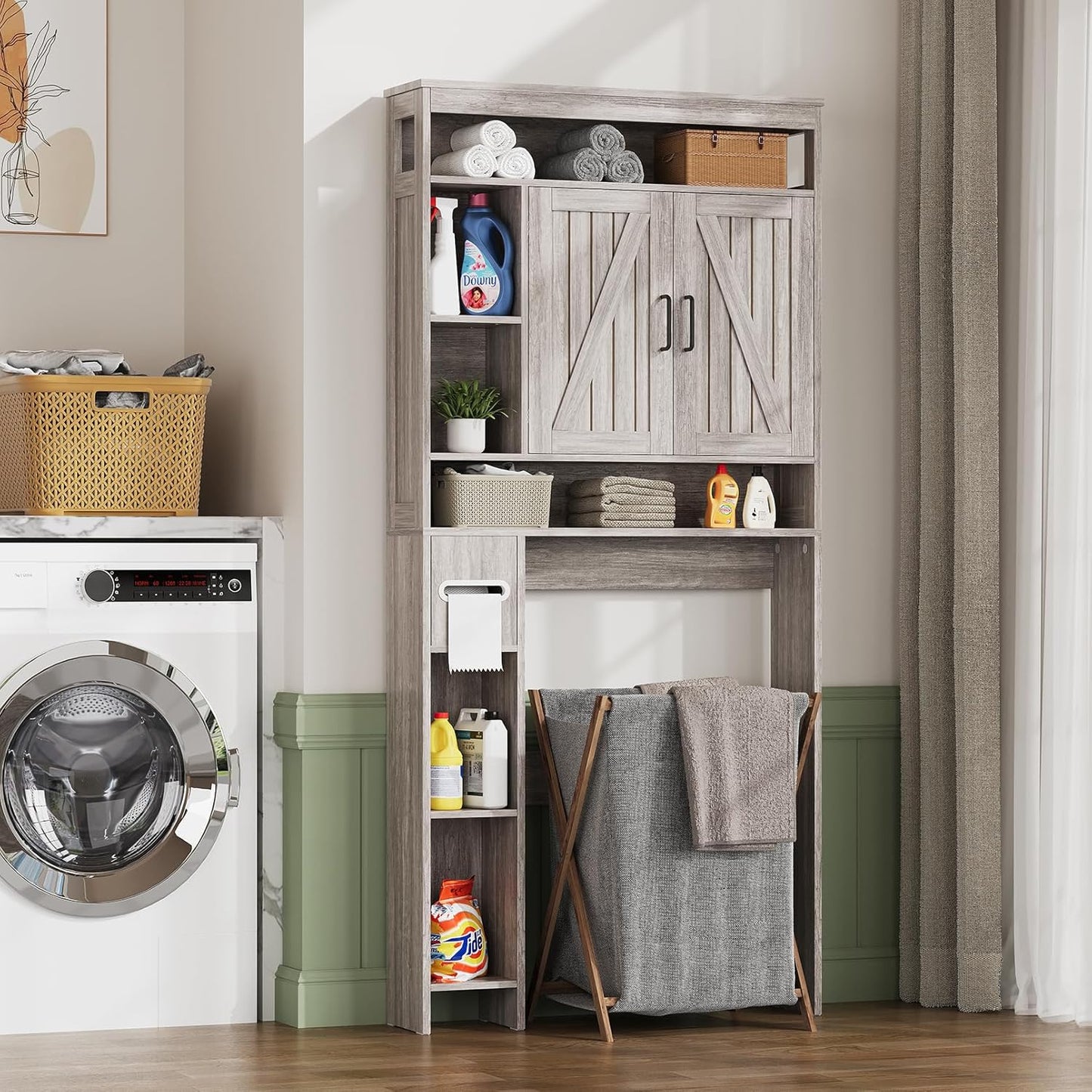 Over The Toilet Storage Cabinet with 6 Shelves, Farmhouse Bathroom Storage Cabinet with 2 Barn Door & Toilet Paper Holder Stand, Toilet Shelf with Adjustable Shelf for Bathroom Laundry