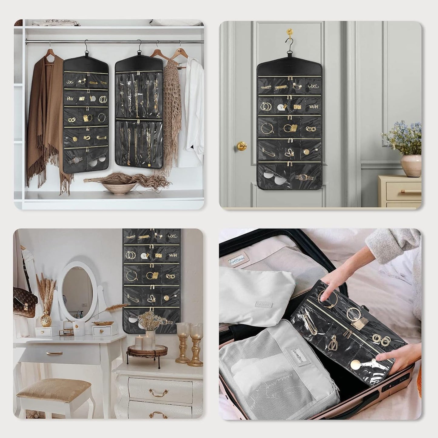 CHICECO Travel Jewelry Holder Organizer,Hanging Jewelry Organizer Storage With Zippered Pockets for Cloest,Wall,Door,Jewelry Holder for Earrings, Necklaces(Upgrade Black)