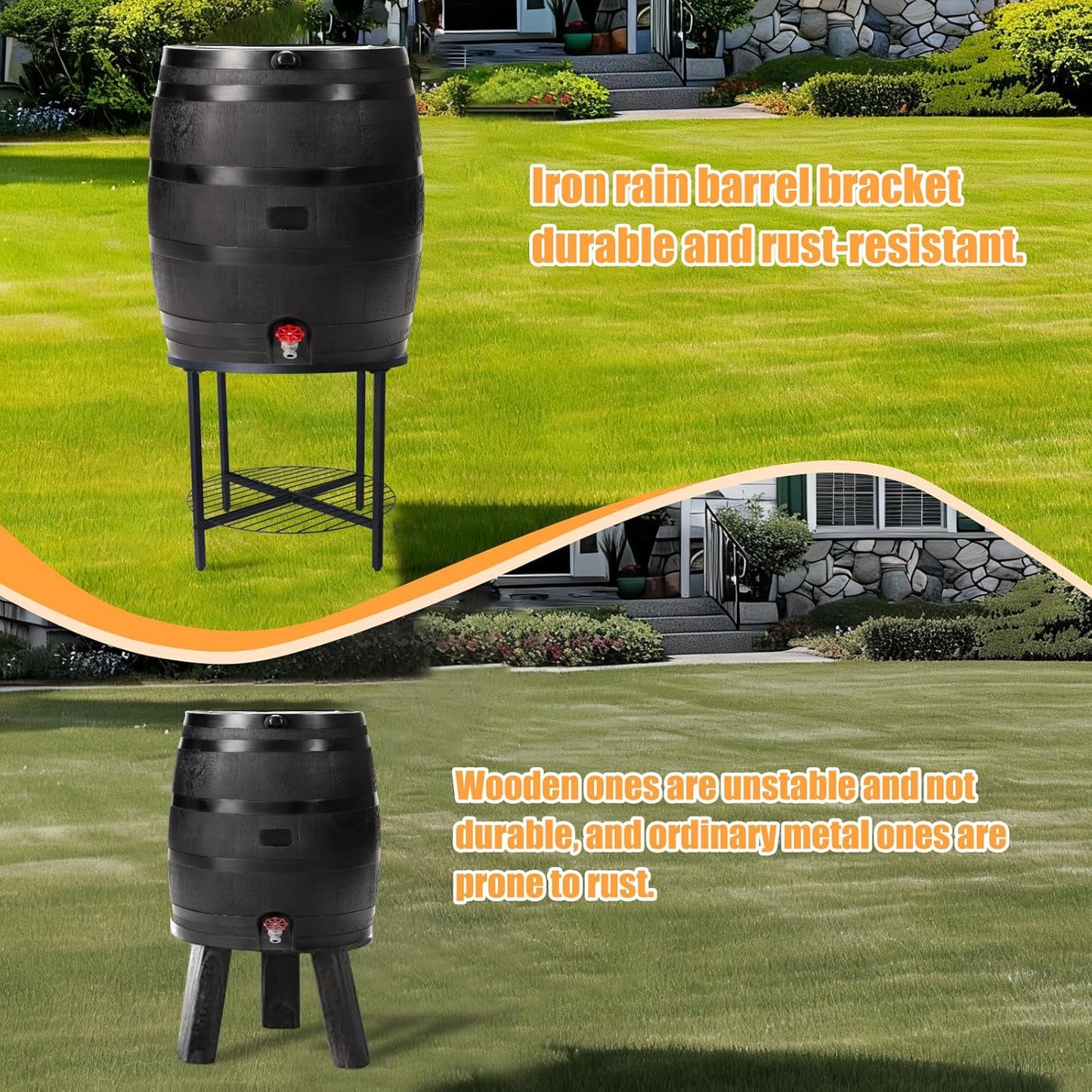 2-Tier Rain Barrel Stand – Base Only, Outdoor Heavy-Duty Rain Water Collection Barrel Stand with Rust-Proof Design & Ring Shelf, Fits 45/50/55-Gallon Plastic Round Rain Barrels (Black)