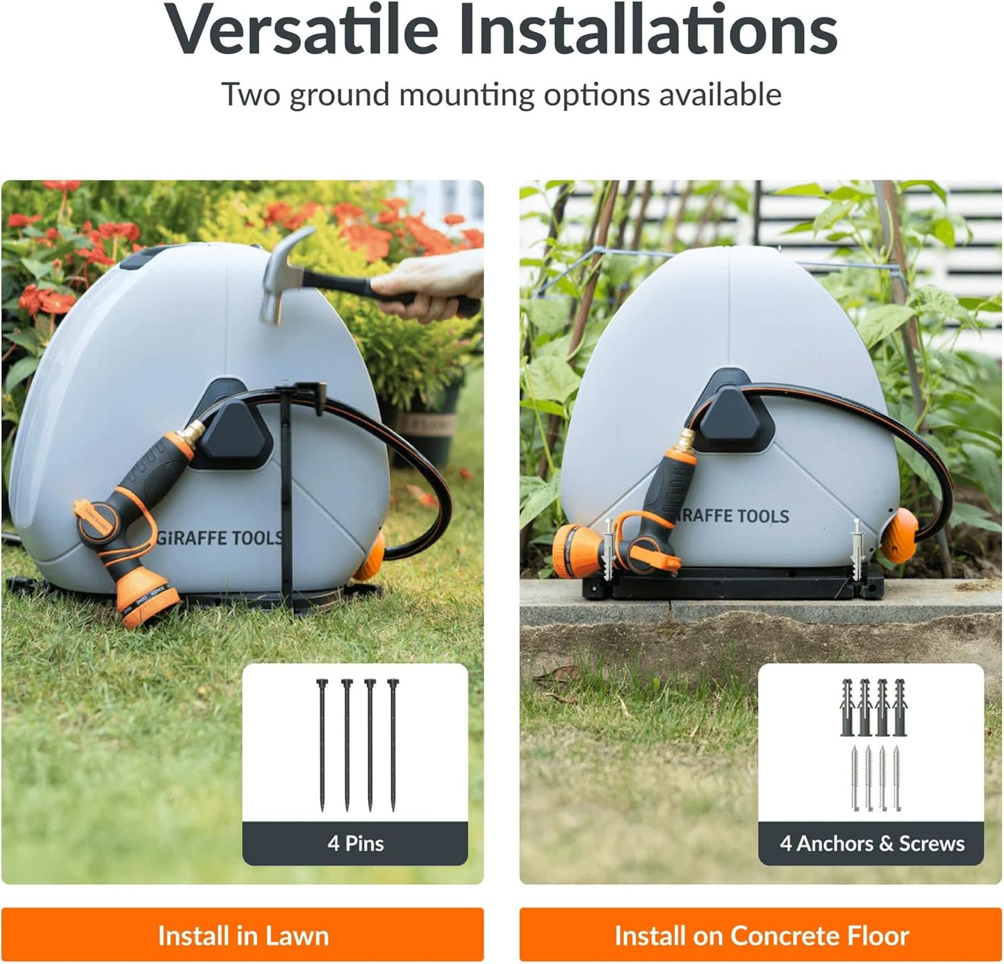 Giraffe Tools Retractable Hose Reel with 1/2 Inch x 100FT, Heavy Duty Ground Mount Garden Hose Reel, Automatic Rewind,with 9-Function Sprayer Nozzle & Flexible Swivel Base