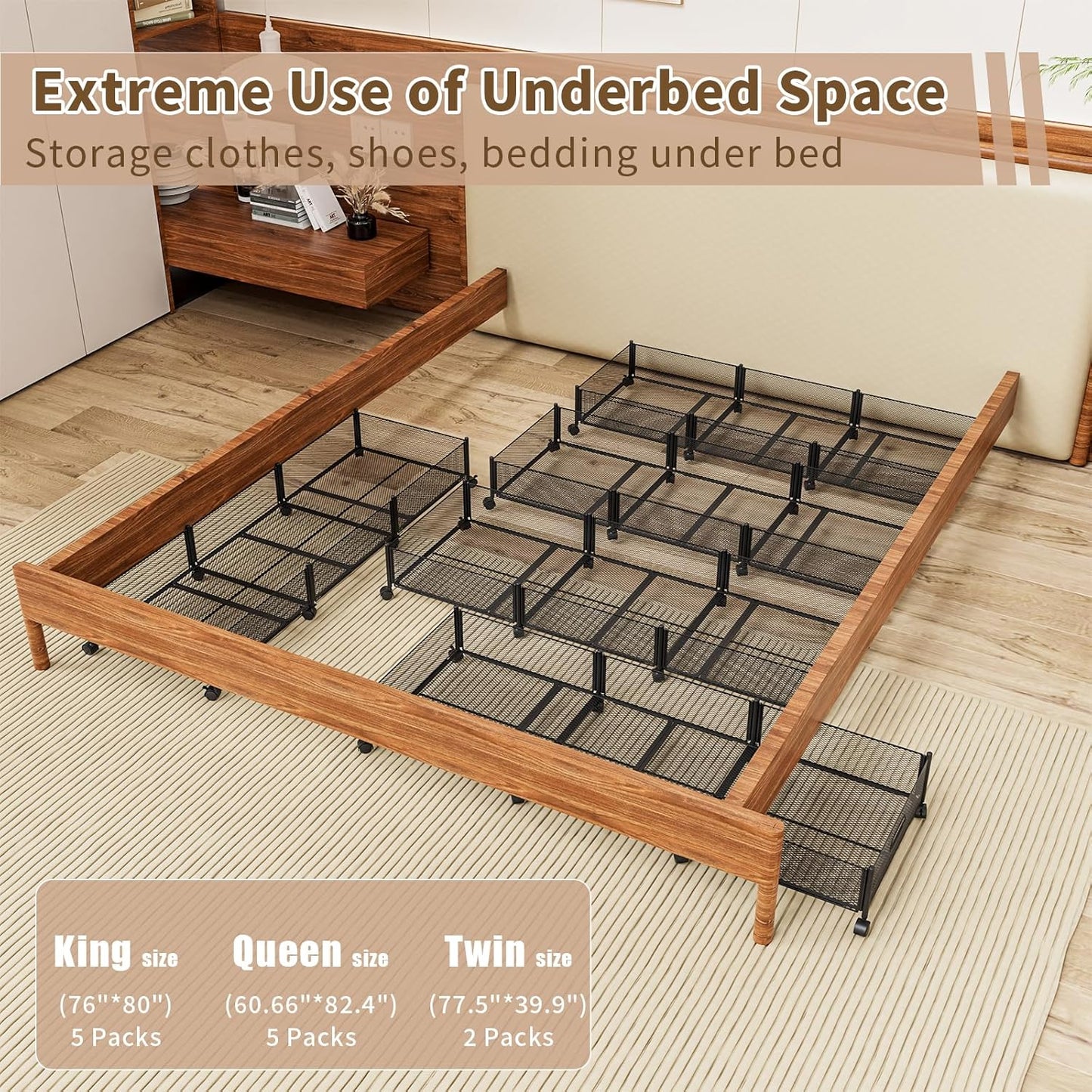 47.2'' Long Under Bed Storage on Wheels, 57.6L Large Capacity Rolling Under the Bed Storage Containers, Tool-Free Assembly Foldable Underbed Shoes Clothes Toy Drawers